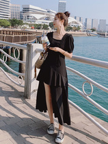 Irregular dress womens 2021 summer new chic design sense high-end temperament Hepburn style square collar tea break skirt