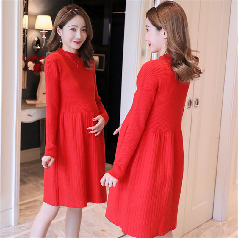 Pregnant women sweater in autumn and winter 2022 style loose medium - long edition blouse red knitted dress autumn dress