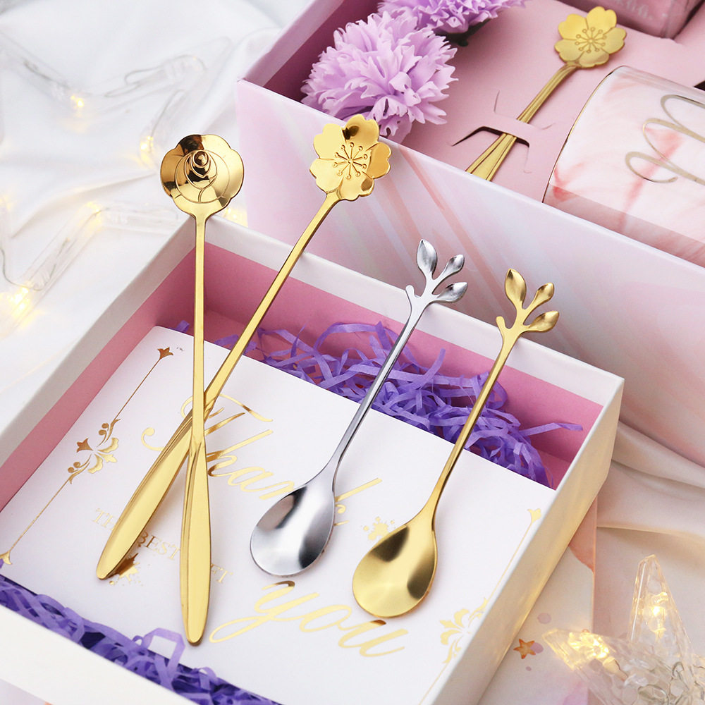 J creative stainless steel spoon ins coffee spoon cherry blossom rose forest flower leaf spoon wedding gift