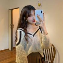 Autumn hot girl off-the-shoulder knitted pullover v-neck coat female niche light cooked color sweater women loose wear wild