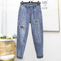 Big Code Denim Pants Woman Fat Mm Pants Display Slim elastic 200 catty Sister tightness high waist thin down Hole Pants