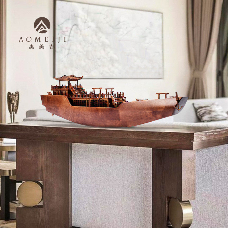 New Chinese Imitation Antique Business Landscape Creativity Wooden Boat Sculpture Pendulum Sample House Display Center Decoration Cabinet Home Stairway Furnishing