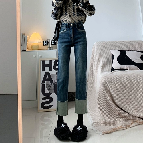 Джинсы, осенние штаны, флисовые леггинсы, коллекция 2023, по фигуре, высокая талия, свободный прямой крой