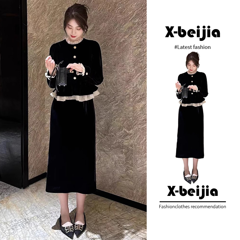 Plus-Size Spring and Autumn Dress for Slightly Chubby Girls, French-Style Chanel-Inspired Hepburn Style, Tummy-Concealing, Slimming, Faux Two-Piece Velvet Dress