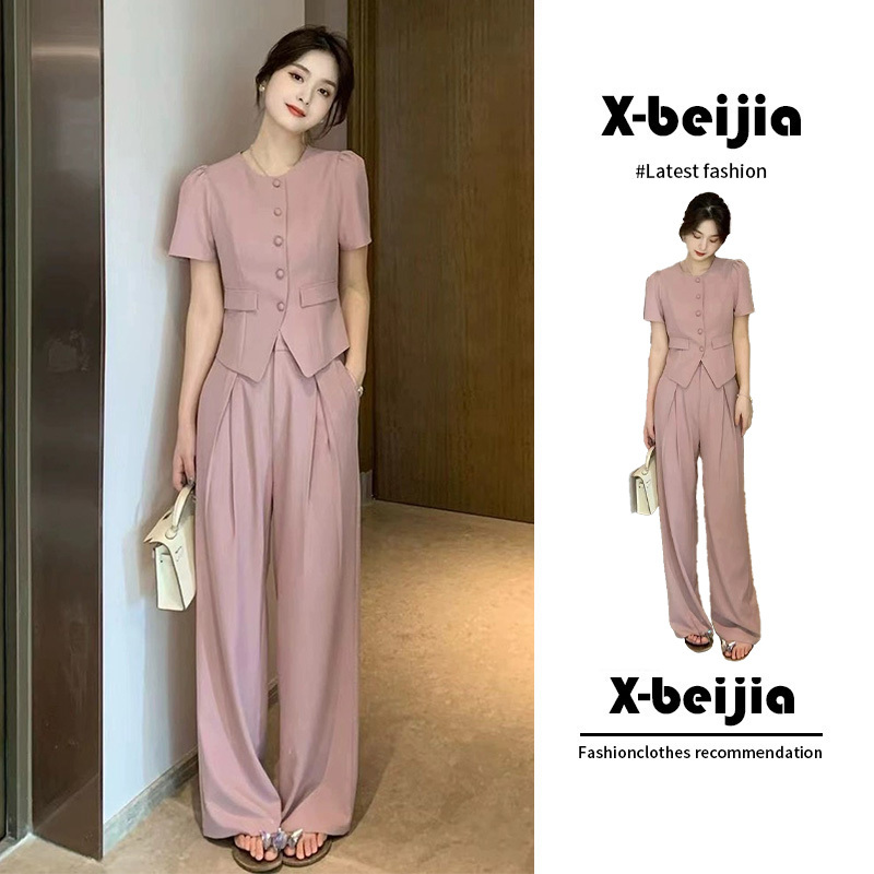 Summer New Style for Slightly Chubby Women, Tea-Style Outfit, a Complete Set of Salt-Style Mature Tops That Cover the Belly and Hide the Fat, Wide-Leg Pants Two-Piece Set