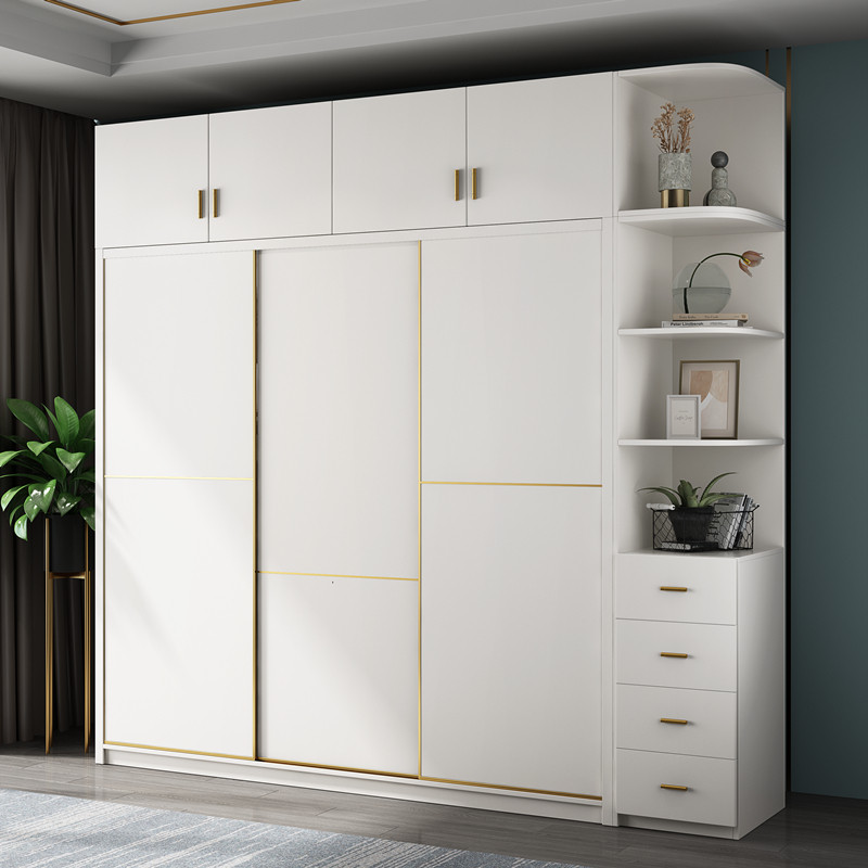 Modern simple sliding door wardrobe Home bedroom rental house cabinet solid wooden sliding door glass large wardrobe