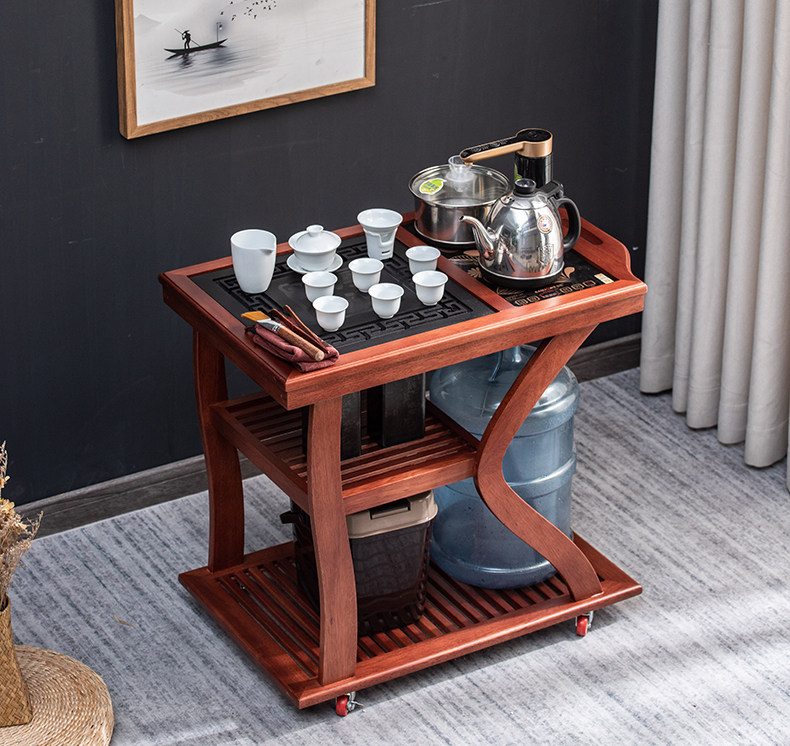 Huali mobile tea cart, solid wood tea stand, kung fu tea set, black gold stone tea tray, household integrated set, small tea cabinet table 