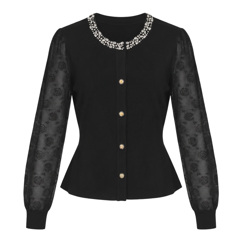 Heavy-Duty Diamond-Embellished Dark-Pattern Rose Lace Sleeve Knit Top for Autumn Wt0297 Heavy-Duty Diamond-Embellished Dark-Pattern Rose Lace Sleeve Knit Top for Autumn Wt0297