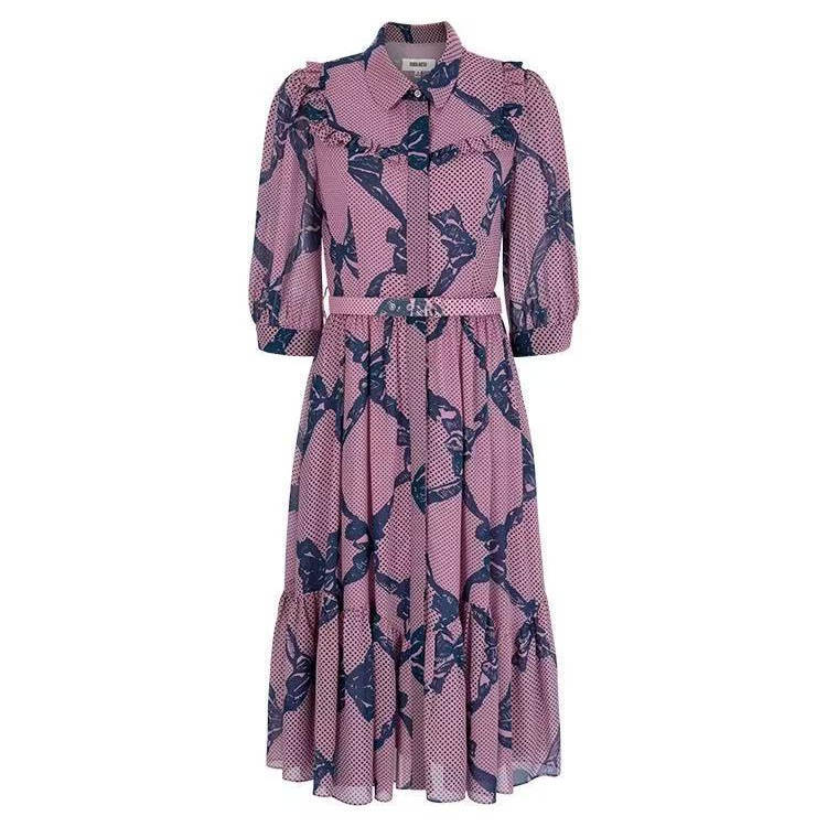 New Retro Puff Sleeve Ruffled Skirt Printed Dress Lyq0090