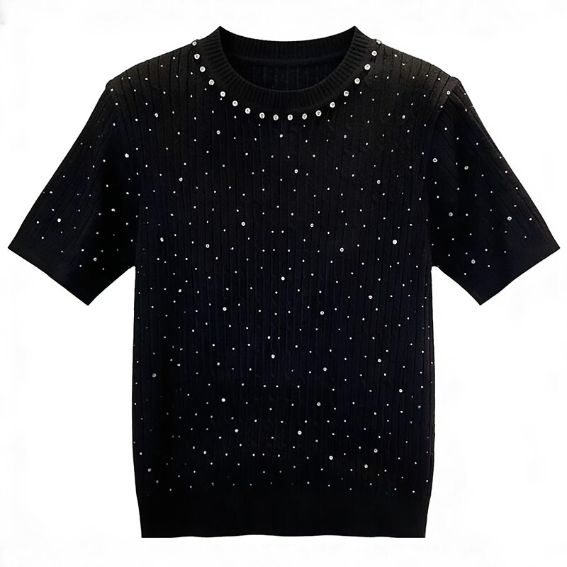 『Gypsophila』 Black Rhinestone Short-Sleeve Knit Top for Women, Round Neck, Slim Fit, Sequin Top with a High-End Feel Sy0299