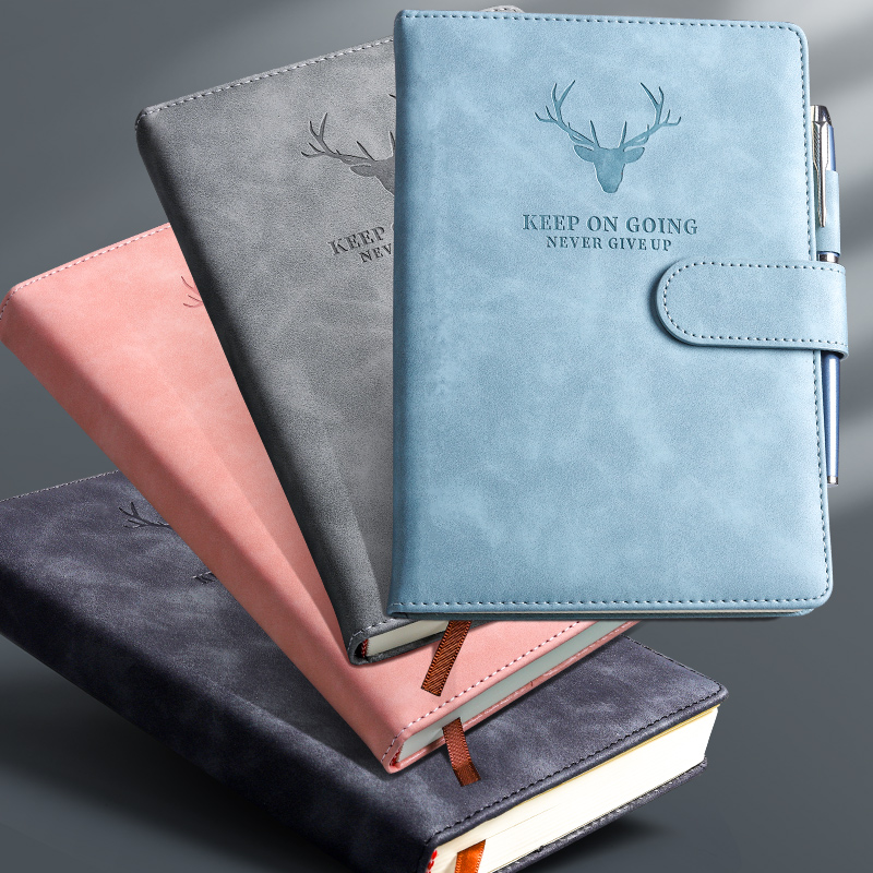 A5 snap magnetic buckle deer head notebook soft leather imitation leather leather surface hard leather notepad thickened extra-thick super-thick horizontal line horizontal grid business office work meeting record book pink gray black leather notebook