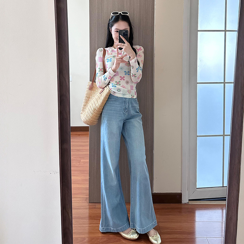 Virsel Light Blue High-Waisted Flared Jeans for Women 2026 Summer Tencel Thin Loose-Fitting Non-Tight Floor-Length Pants