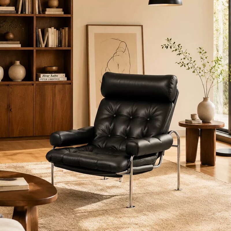 Medieval-Style Black Leather Single Sofa Chair for Living Room, Homestay, Cafe, with Stainless Steel Legs and Fixed Armrests, Leisure Chair Medieval-Style Black Leather Single Sofa Chair for Living Room, Homestay, Cafe, with Stainless Steel Legs and Fixed Armrests, Leisure Chair