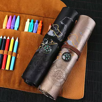 Nine-year six classes One Belt, One Road retro multifunctional large-capacity roll pencil case Korean boys and girls simple elementary school Net red pencil box kindergarten junior high school students creative color pencil pencil stationery box pen curtain