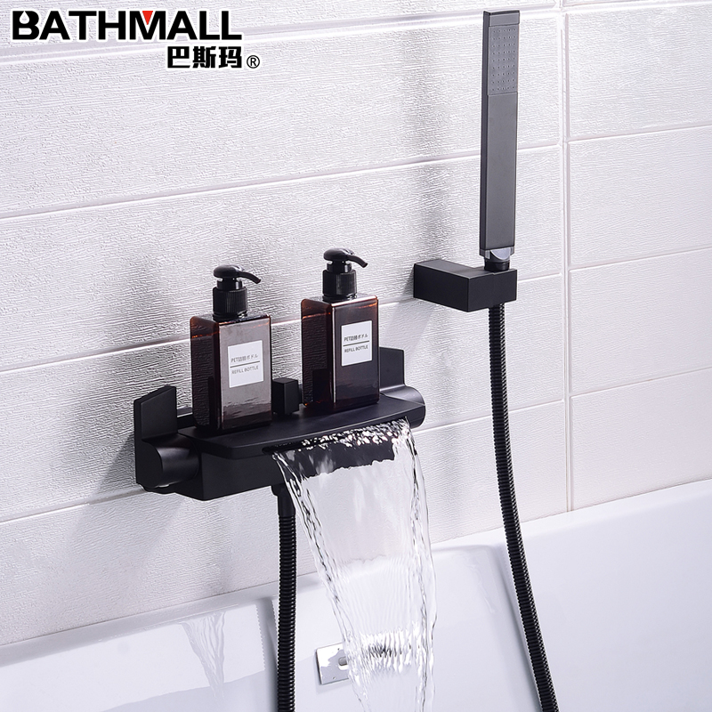 Black waterfall bathtub tap into wall-type cylinder edge hot and cold tap bath barrel wood barrel bath shower shower shower suit-Taobao