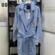 UGIZ phụ nữ Hàn Quốc denim thêu suit cổ áo khoác giữa dài áo khoác gió nữ UWHC100-1 - Trench Coat