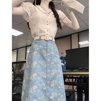 Korean-Style Light Luxury Outfit for Women, Summer Gentle Style, Sweet Lace Shirt Top, High-Waisted Slimming Long Skirt