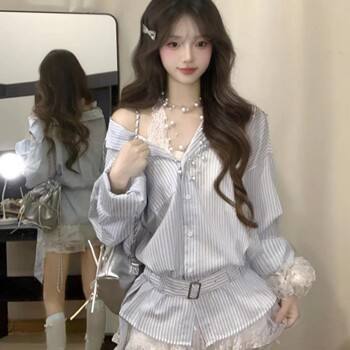 Korean-Style Sweet and Spicy Girl Outfit for Women, Pure and Alluring Design, Long-Sleeved Striped Shirt Layered with a Lace Halter Neck Dress