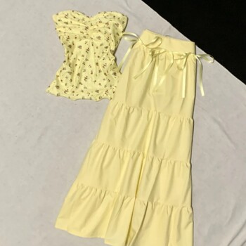 Pure Lust Style Sexy Suit for Women 2025 Summer Sweet Floral Sleeveless Top High Waist Slim Bow Skirt