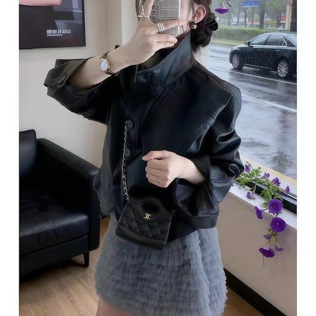 Korean style age-reducing leather jacket high-waisted slimming skirt