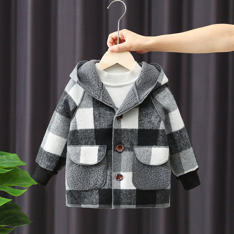 Boys' woolen coat autumn and winter children's mid-length tartan coat baby fleece windbreaker 2022 new trend