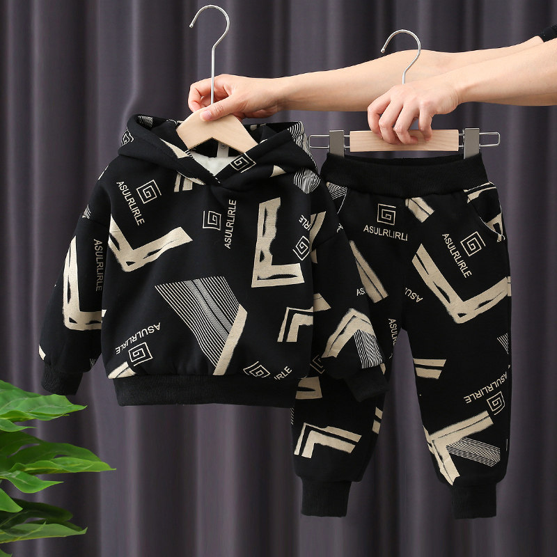 Boy's autumn and winter suit 2021 new children handsome gas plus suede thickened sport Two sets of baby first winter clothes damp