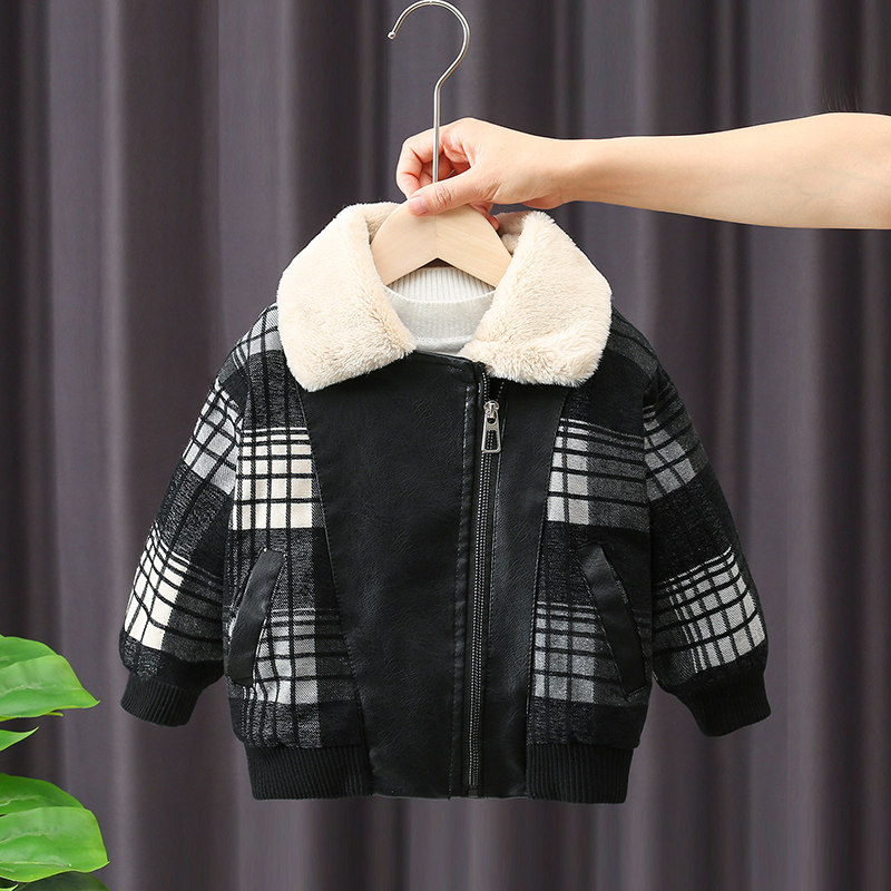 Boy's jacket 2021 new autumn and winter clothing child plus suede thickened leather jacket foreign send baby winter handsome tide clothes