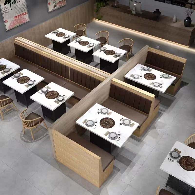 Smokeless solid wood roasted marble hot pot table induction cooker integrated commercial gas stove hot pot restaurant table and chair combination