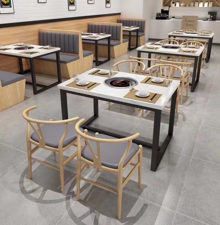 Hot pot table induction cooker one marble smokeless self-service barbecue hot pot restaurant solid wood dining table and chair combination commercial