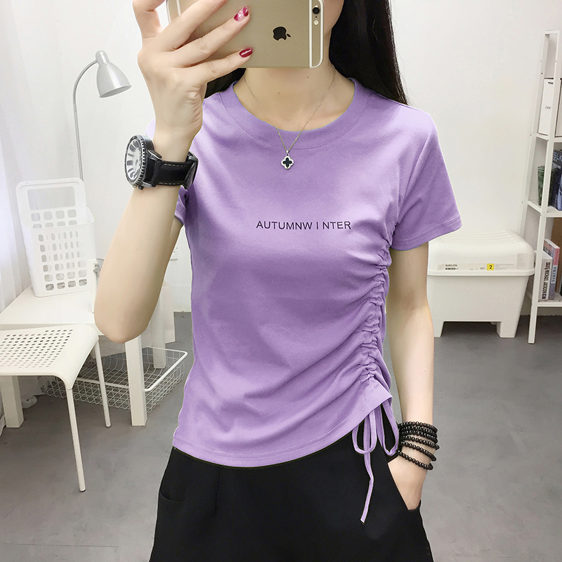 Scheming niche drawstring short-sleeved t-shirt women's tops summer clothes 2021 new design sense pure cotton short-sleeved T-shirt tide