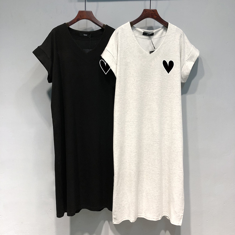 Plus Size Women's Pure Cotton V-Neck T-Shirt Dress, Summer Mid-Length Over-The-Knee Short-Sleeved Dress for Fat Women, Slimming and Fashionable Long Dress
