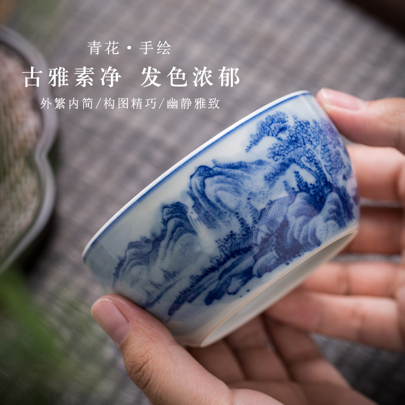 Blue and white master cup single cup large ceramic sample tea cup pure manual jingdezhen tea bowl full hand - made scenery cup