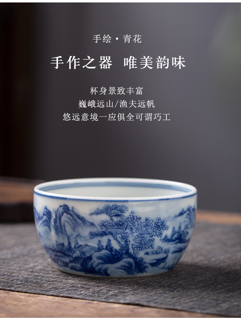 Blue and white master cup single cup large ceramic sample tea cup pure manual jingdezhen tea bowl full hand - made scenery cup