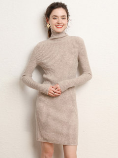 Cashmere striped pile collar dress for women slimming knitted pullover sweater pure wool bottoming skirt