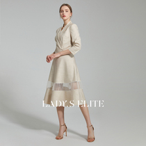 LadyS Elite Light Apricot stitching mesh dress Zipper lantern skirt Solid color Suit Three-point sleeve womens clothing