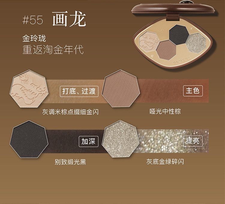 【中国直邮】GIRLCULT构奇 四色眼影盘画龙点睛哑光珠光显色变色龙爆闪烟熏 #55画龙【富贵金玲珑】