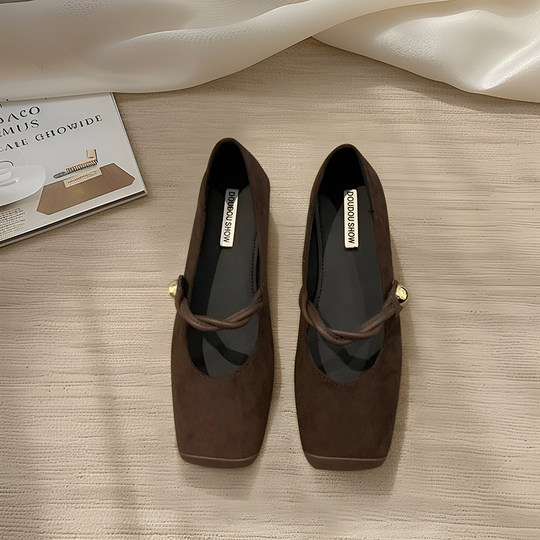 Square-Toe Women's Shoes, Spring 2025 New Style, French Flat Soft-Soled Slip-On Buckle Strap, Elegant Shallow Mary Jane Shoes