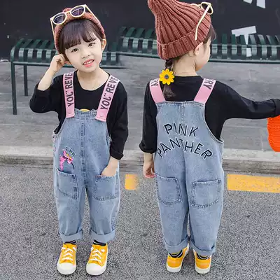 Korean girls jeans autumn Western style new children embroidered baby bag trousers spring and autumn baby suspenders tide
