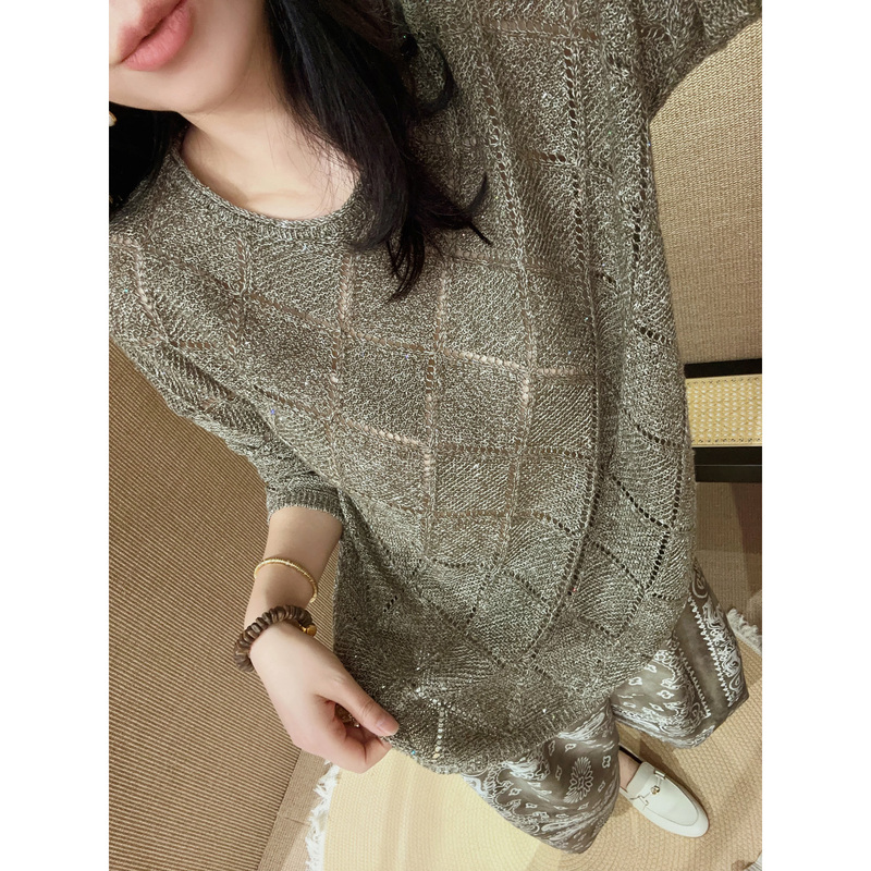 Say Goodbye to the Feeling of Being on Display | Lazy and Relaxed Style Round Neck Long Sleeve Hollow-Out Diamond-Patterned Silk Linen Sequin Knitwear