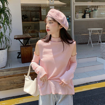 South Korea 2020 new fall net red beating undershirt pure colour dew shoulder heart machine blouse 100 lap long sleeve T-Shirts