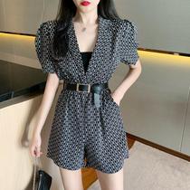 South Korea Summer New Small Subnets Red Fashion Casual Suits Collar Bubble Sleeves Wide Leg Conjoined Shorts Suit Women