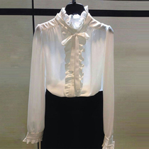 vouair flagship store official website 2021 spring and autumn new bow long-sleeved shirt womens ruffle collar shirt