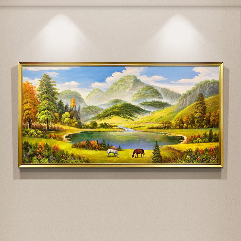 Pure hand-painted oil painting hanging painting living room landscape landscape European style mural giant mountain entrance decoration painting double horse cornucopia