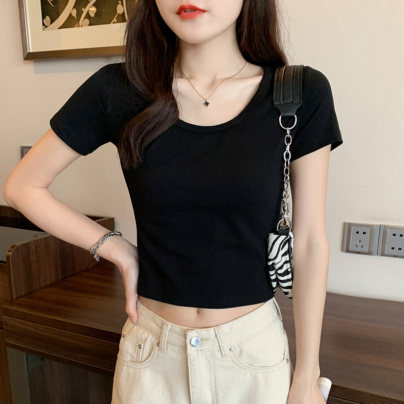 Short-Sleeved Black T-Shirt for Women, Short Style, Round Neck, High Waist, Midriff-Baring, Korean Style, Slim Fit, 2026 Summer New Top ins Trendy