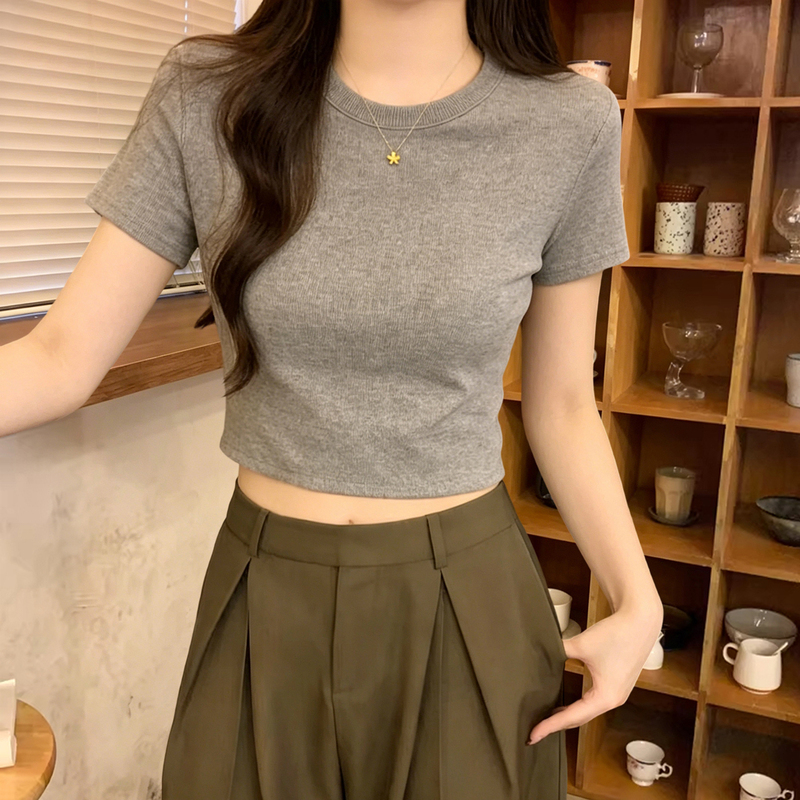 Gray Short-Sleeved T-Shirt for Women, Short High-Waisted Crop Top, Slim Fit, Summer 2026 New Style, Petite Round Neck Tee