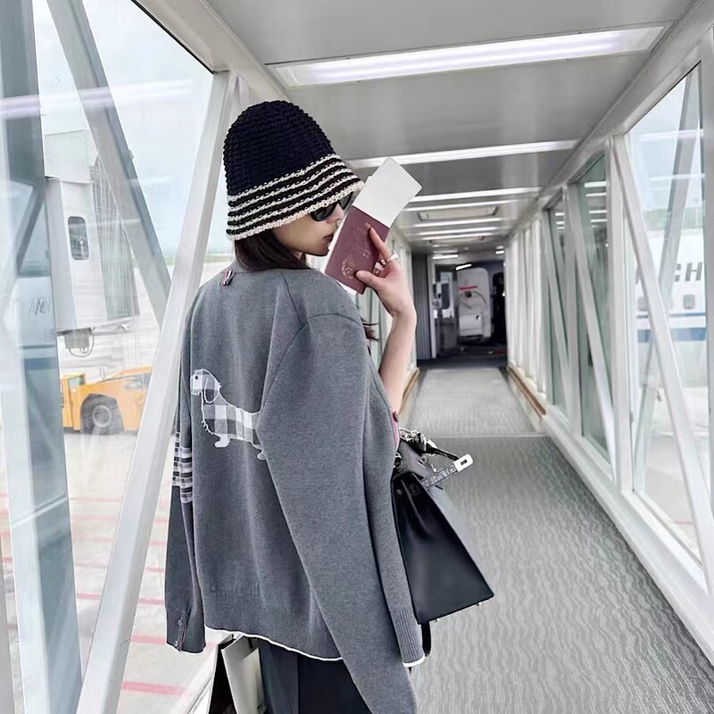 [Free Return Guarantee] Tnne Tb Spring/Summer New Style Back Dog Print V-Neck Cardigan Four-Stripe Knitted Sweater Thickened Jacket