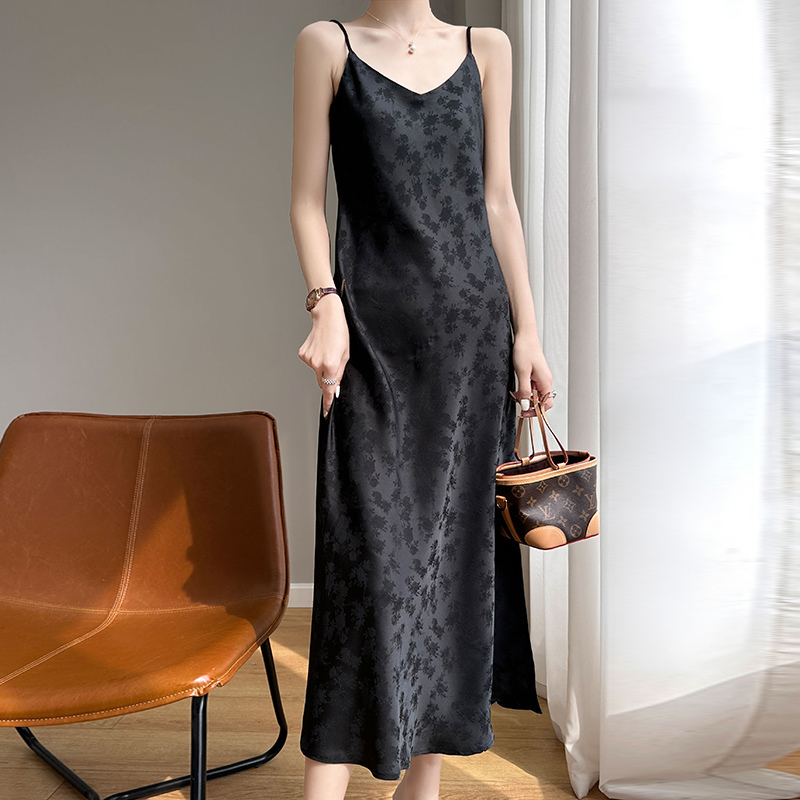 Summer Jacquard V-Neck Spaghetti Strap Dress for Women, Acetate Satin Drapey Over-The-Knee A-Line Long Dress, Slimming Chinese Style Base Dress