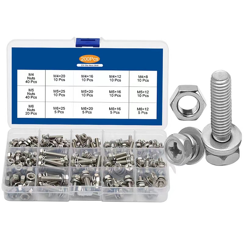 304 Stainless Steel External Hexagon Three-Piece Screw and Bolt Set, Cross External Hexagon Combination Screws and Bolts in a Box