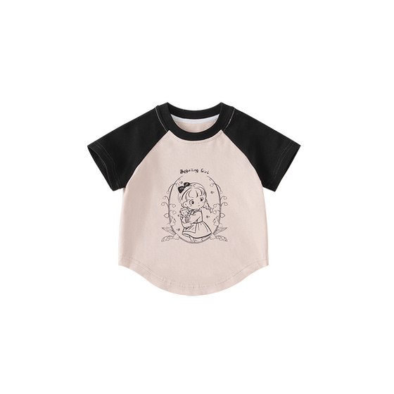 
INSbobo girls T-shirt 2025 summer new fashion color block children's short-sleeved top loose girls' clothes
