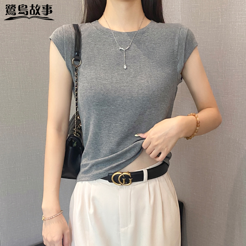 Ludao Story Ribbed Crew Neck Short Sleeve T-Shirt for Women, Summer Slim Fit Base Shirt, Versatile Slimming Flutter Sleeve Top, Trendy